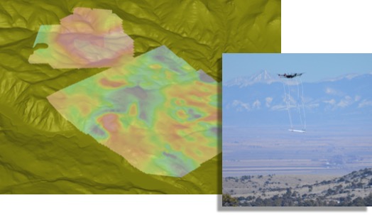 Contour Map of Total Magnetic Intensity (TMI) Superimposed on Digital Elevation Model Acquired with the Drone Enabled MagArrowTM (Left), Mineral Exploration Survey in Southern Colorado (Right).